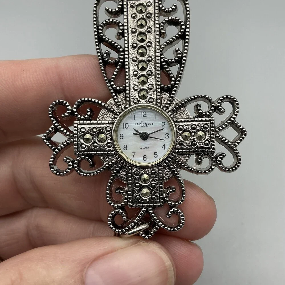 LA Express Womens Watch 44mm Cross Pendant Necklace Silver Tone New Battery